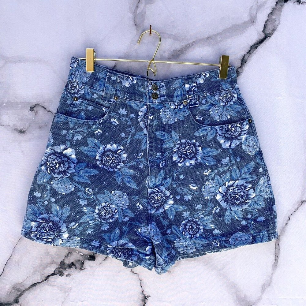 Vintage 90s Denim Republic Canvas Blue Floral Print High Rise Jean Shorts SZ 13